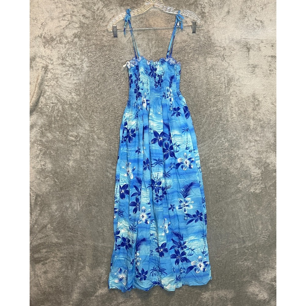Vtg Two Palms Women Tropical Smocked Maxi Tank Dress S/M Hawaiian Floral Blue